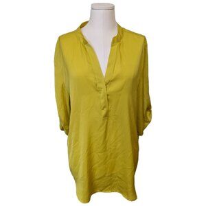 Womens Yellow Green Satin Blouse Tunic Collar Silky Top Office Vibrant V Neck L